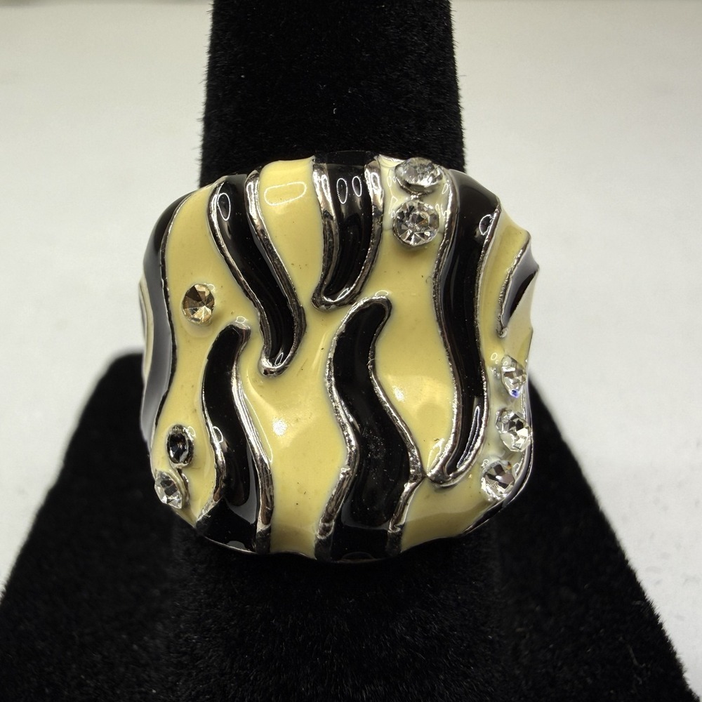 Bold Yellow Black Zebra Stripe Enamel Clear Rhinestone Statement Ring Sz 6